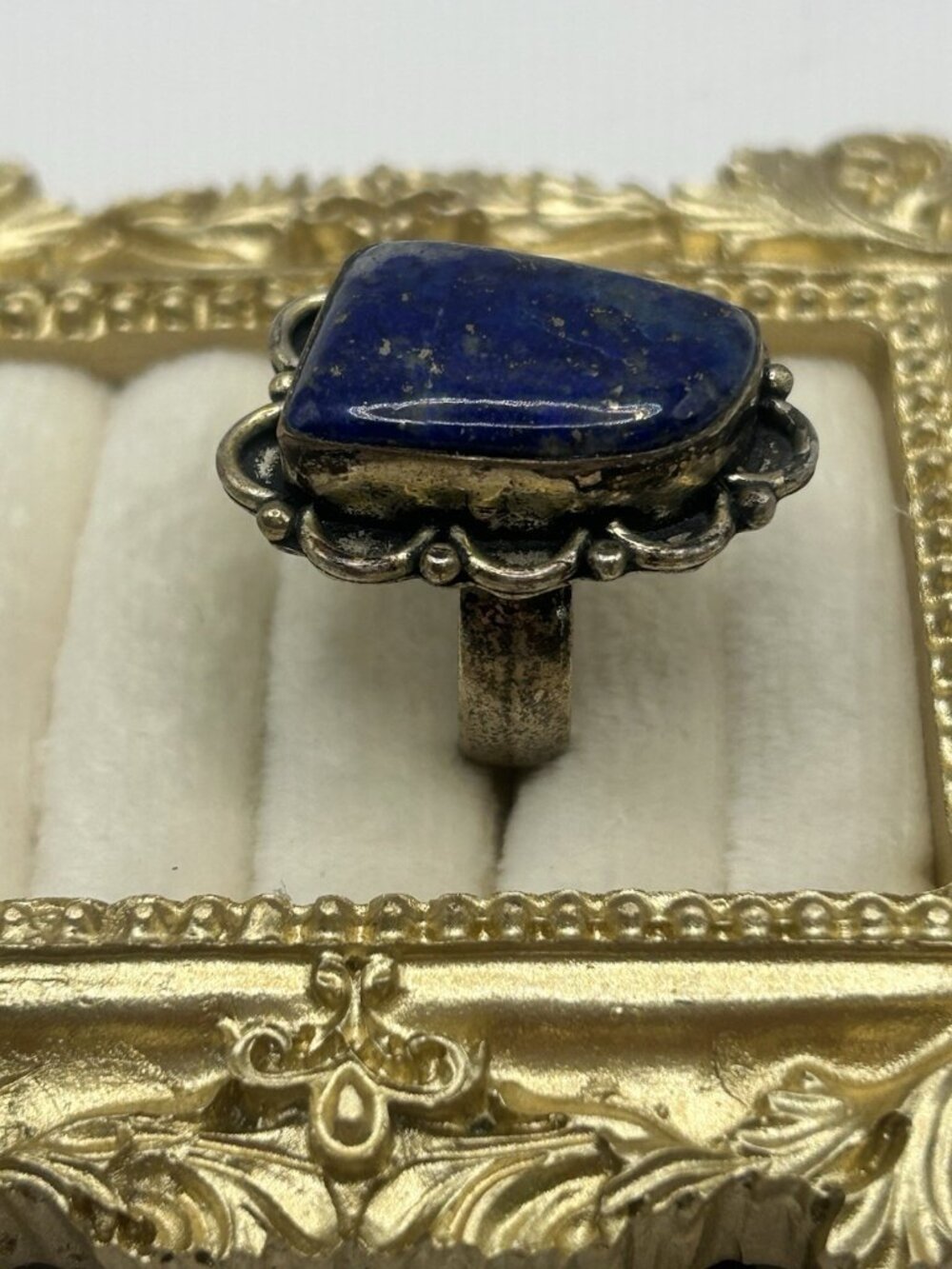 Vintage Lapis Lazuli Adjustable Ring Blue Stone Boho Statement Silver Tone Big - Picture 6 of 16
